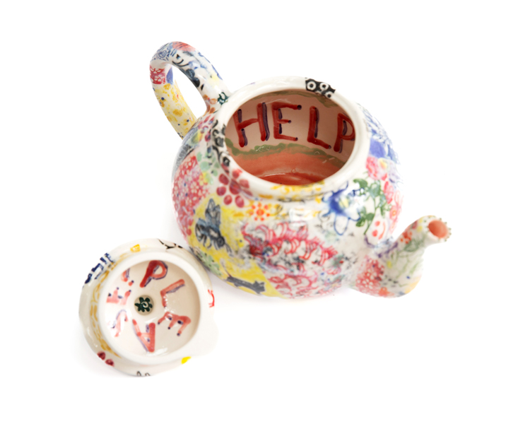 I Need Help, Glazed ceramic teapot by Rosalind Faram