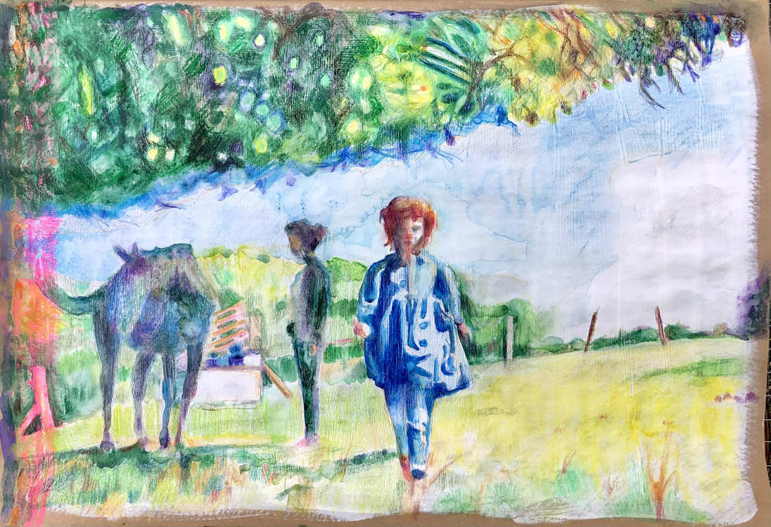 Children with a Horse, Coloured pencil on A3 gessoed paper by Rosalind Faram