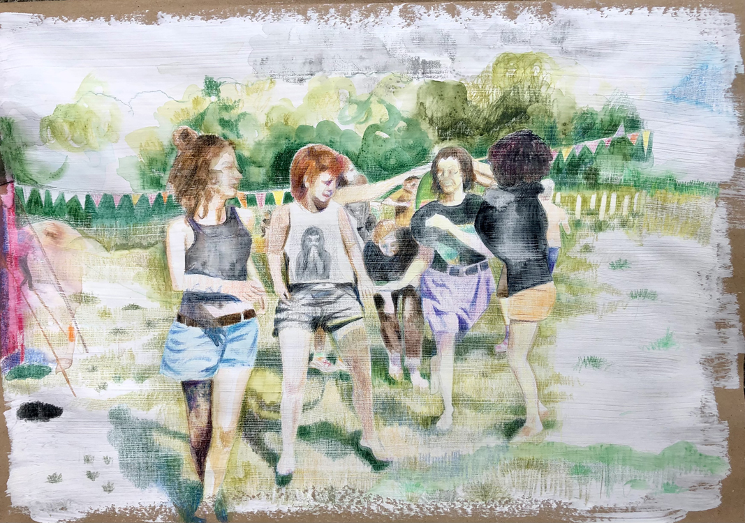 Festival Dancers 4, Coloured pencil on gessoed brown paper by Rosalind Faram